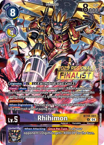 Rhihimon [BT18-081] (2025 Regionals Finalist) [Release Special Booster Ver.2.0 Promos] | Devastation Store