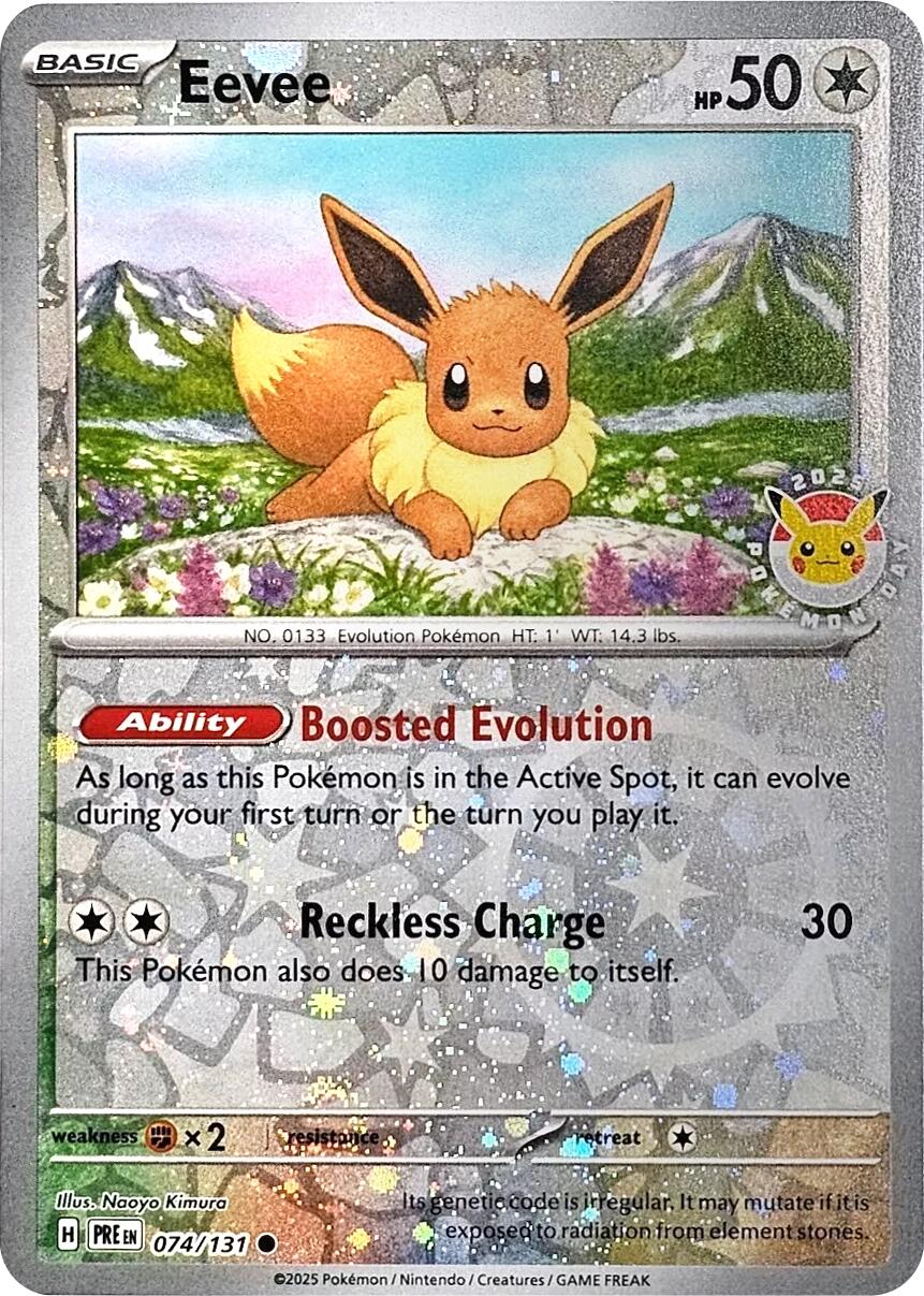 Eevee (074/131) (Pokemon Day 2025) (Reverse Cosmos Holo) [Scarlet & Violet: Prismatic Evolutions] | Devastation Store