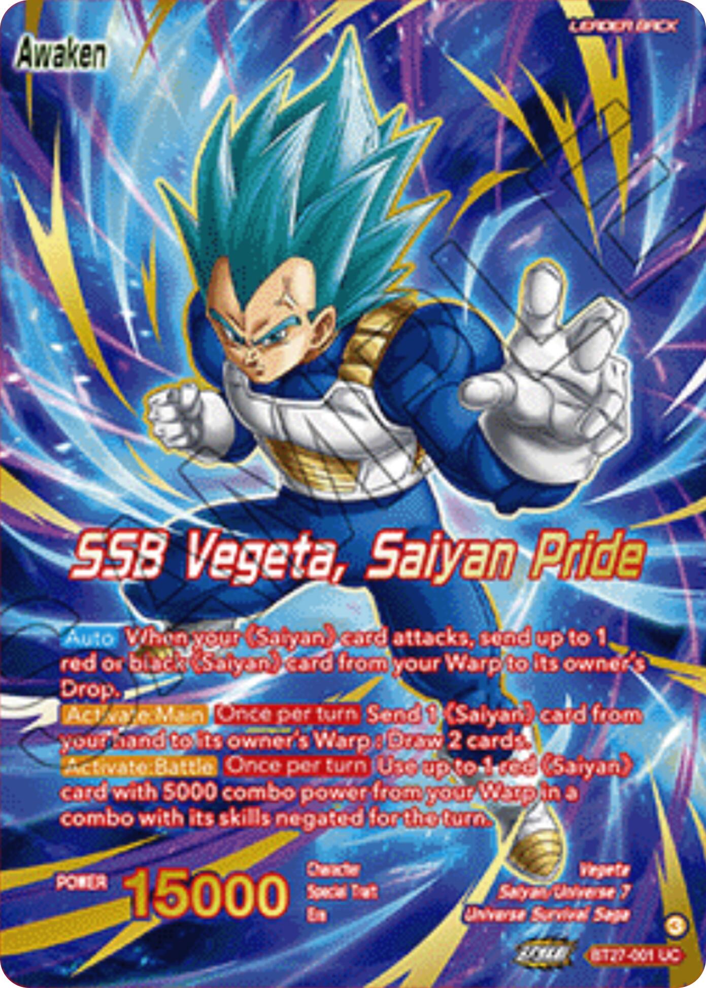 Vegeta // SSB Vegeta, Saiyan Pride (Championship 2025 Finals Alternate Art Leader Card) (BT27-001) [Tournament Promotion Cards] | Devastation Store